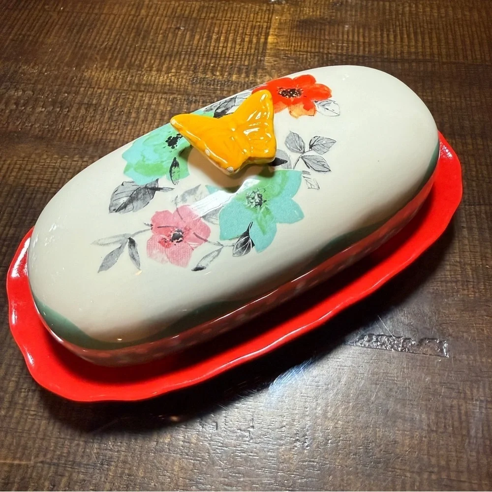 Pioneer Woman Floral Ceramic Butter Dish with Butterfly Accent CottageCore Farm